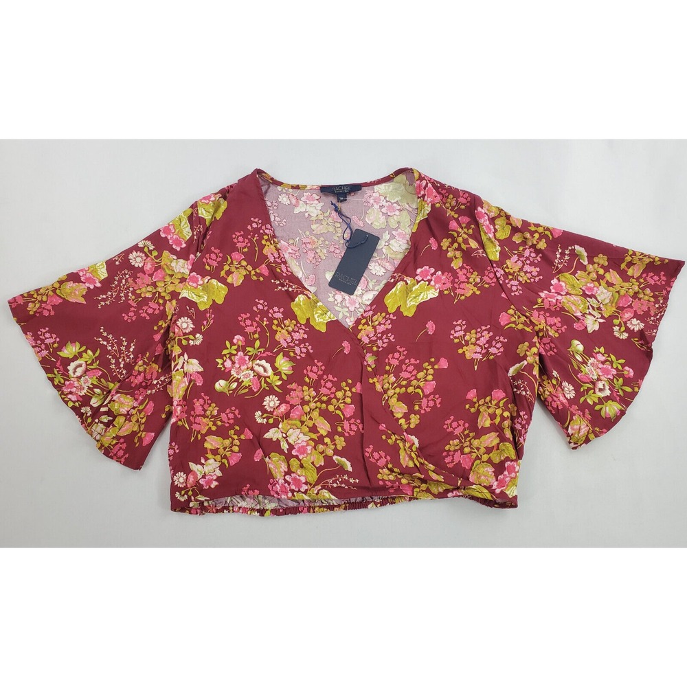 Rachel Roy Womens Red Floral Rayon V-Neck Blouse Short Sleeve Top Size M